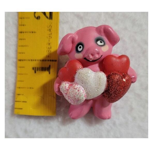 S Lehman 1984 Pink Pig Holding Hearts Glitter Brooch Pin Kawaii Twee Eclectic - Picture 4 of 8